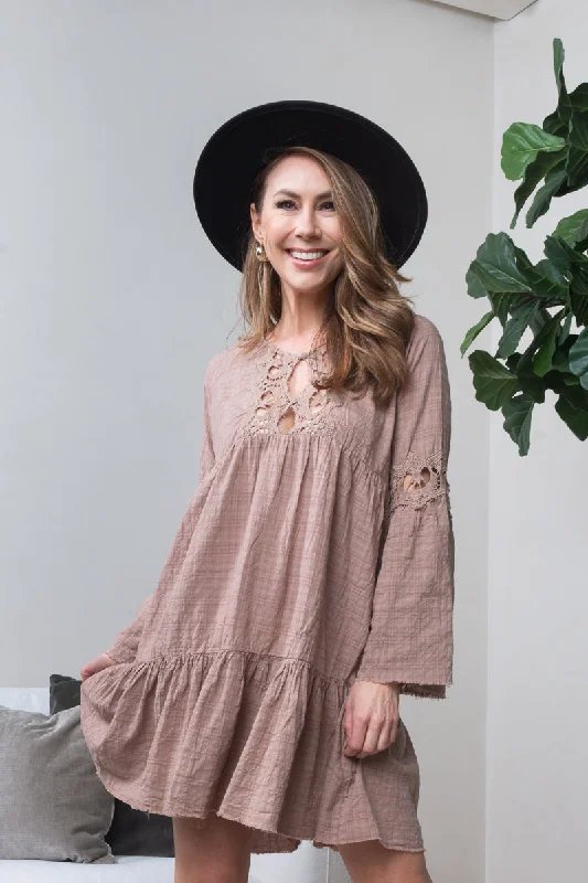 Long Sleeve Tiered Peasant Mini Dress with Embroidered Lace Trim in Mocha (16043) Trendy Button-Detail Mini Dress