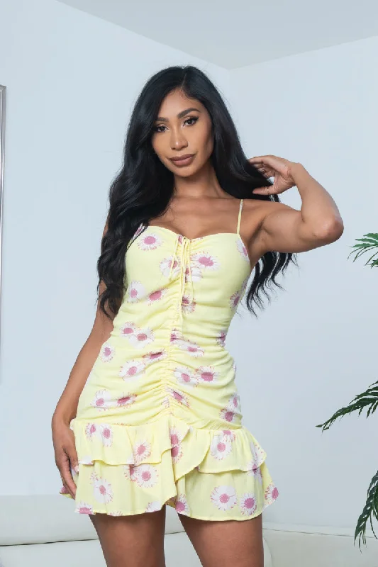 Sunflower Print Center Ruched Spaghetti Strap Mini Dress with Tiered Ruffle Hem in Yellow (4764DM) Classic Floral Print Mini Dress