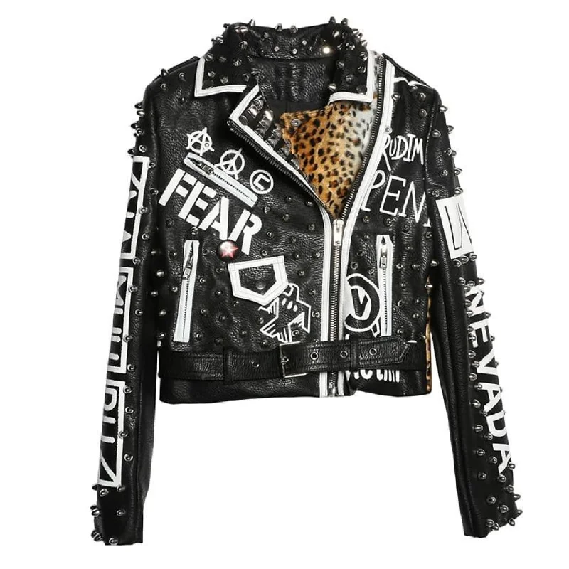 CRLLfish Leopard Riveted Leather Jacket [In Store] Rayon Fabric Velvet Fabric Corduroy Fabric