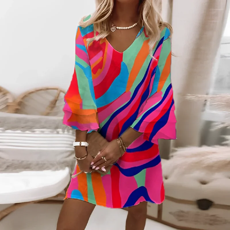 Curved Stripes Multi-Color Bell Sleeve Mini Dress Elegant Lace-Up Mini Dress