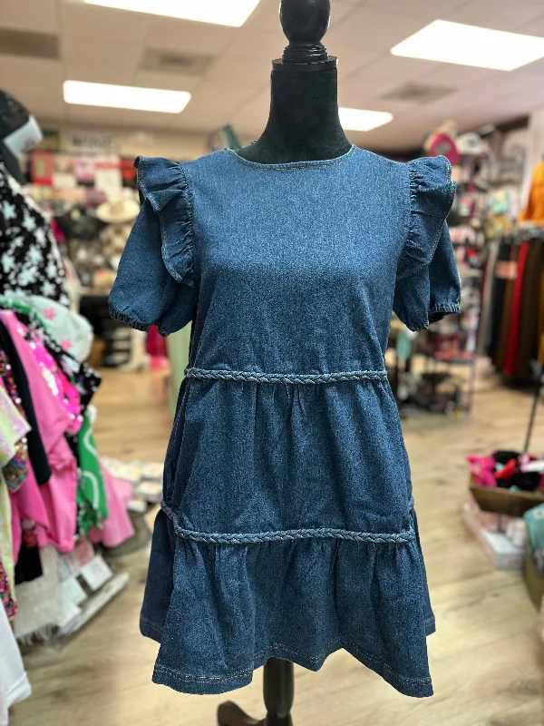 "Denim Braid Trim Detail" Tiered Mini Dress Fashionable Off-Shoulder Mini Dress