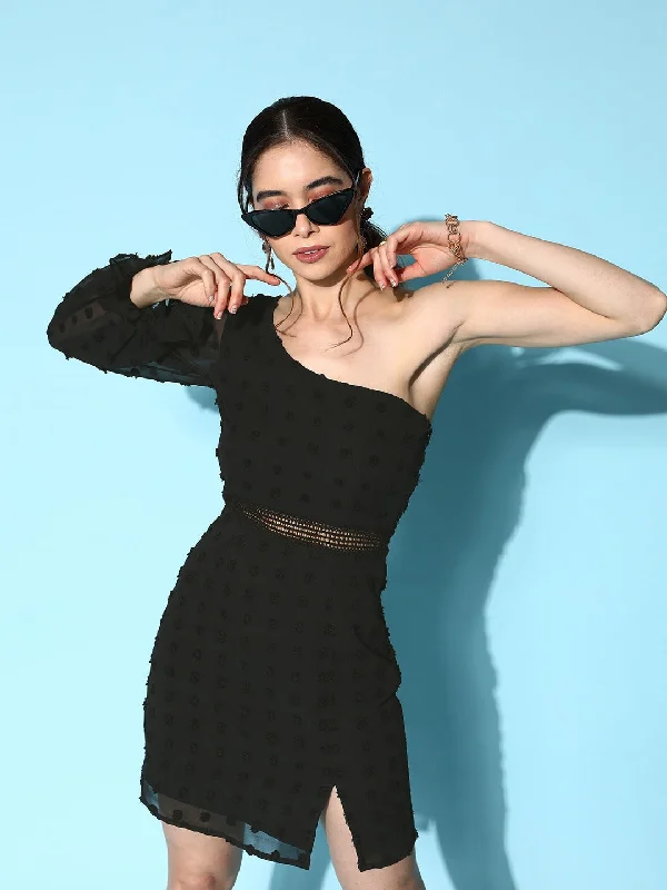 Berrylush Women Solid Black One-Shoulder Neck Bishop Sleeves Jacquard Schiffli Bodycon Mini Dress Fashionable A-Line Mini Dress