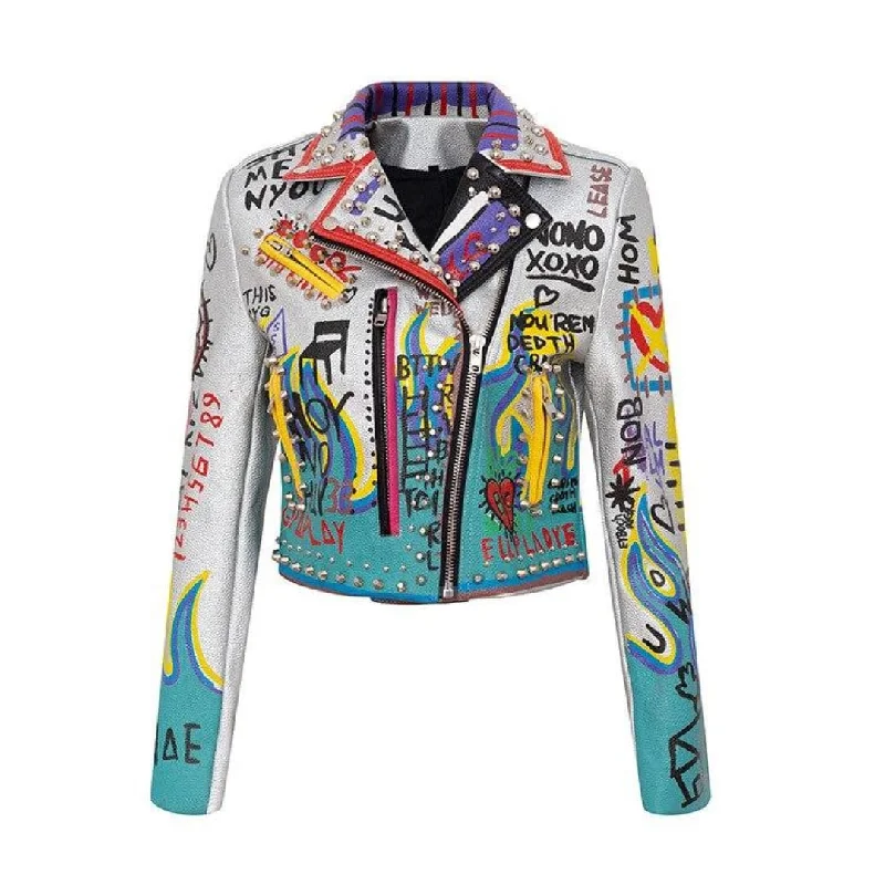 Eagle Graffiti Riveted Motorcycle Jacket Tailored Jacket Straight Jacket A-Line Jacket