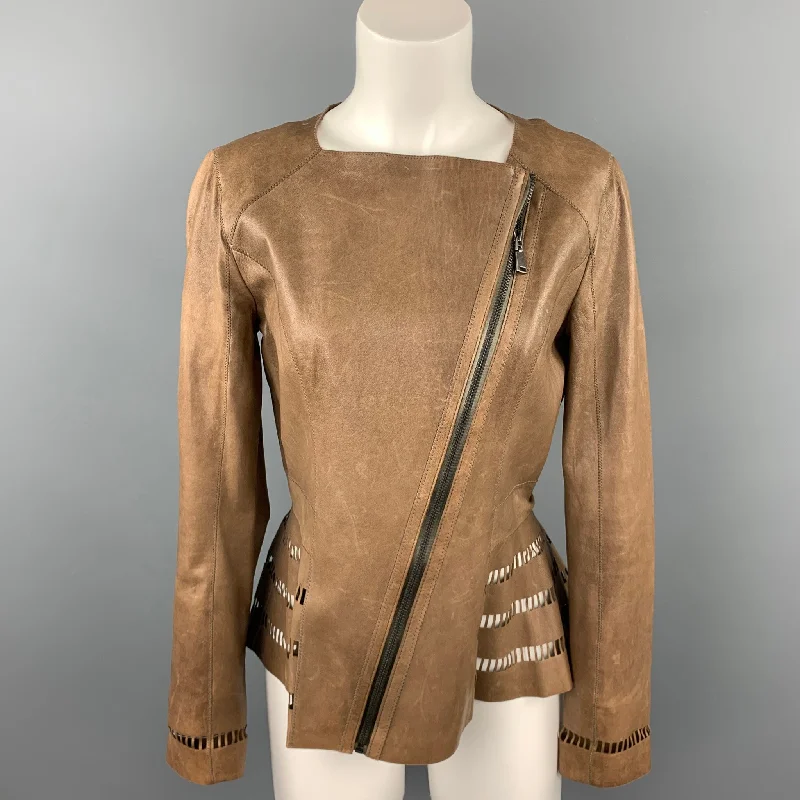 ELIE TAHARI Size S Brown Perforated Leather Asymmetrical Jacket Tiered Jacket Buttoned Jacket Zippered Jacket