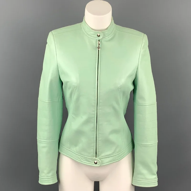 ESCADA Size 4 Mint Leather Zip Up Motorcycle Jacket Insulated Jacket Fitted Jacket Loose Jacket ESCADA Size 4 Mint Leather Zip Up Motorcycle Jacket Insulated Jacket Fitted Jacket Loose Jacket