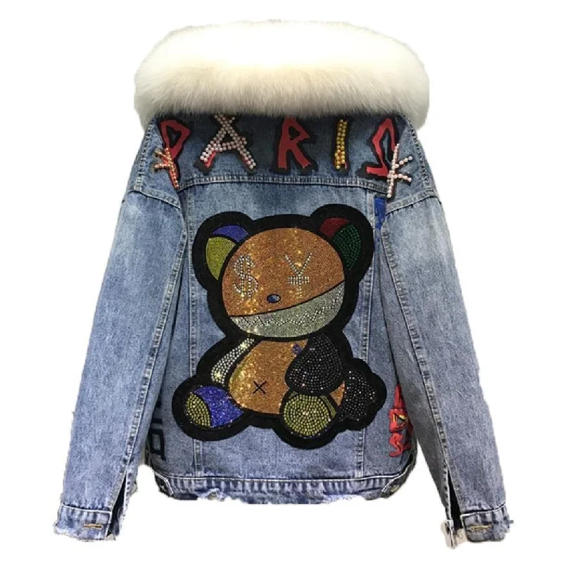 FOXY LADY Beary Sequined Denim Jacket Satin Fabric Silk Fabric Chiffon Fabric