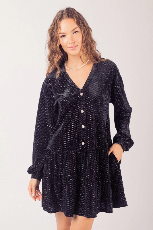 Glitzy Long Sleeve Velvet Mini Dress - Black Fashionable Lace-Trim Mini Dress