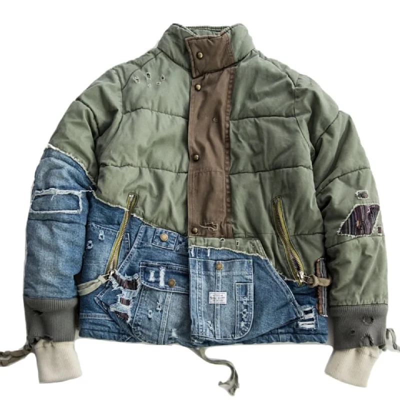 Hi-Street Patchwork Army Denim Jacket Hoodie Zip-Up Jacket Button-Up Jacket