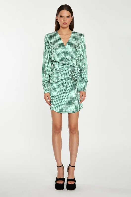 CLEARANCE! Pied-de-Poule Wrap Mini Dress- Emerald/White Satin Houndstooth Stylish Puff Sleeve Mini Dress CLEARANCE! Pied-de-Poule Wrap Mini Dress- Emerald/White Satin Houndstooth Stylish Puff Sleeve Mini Dress