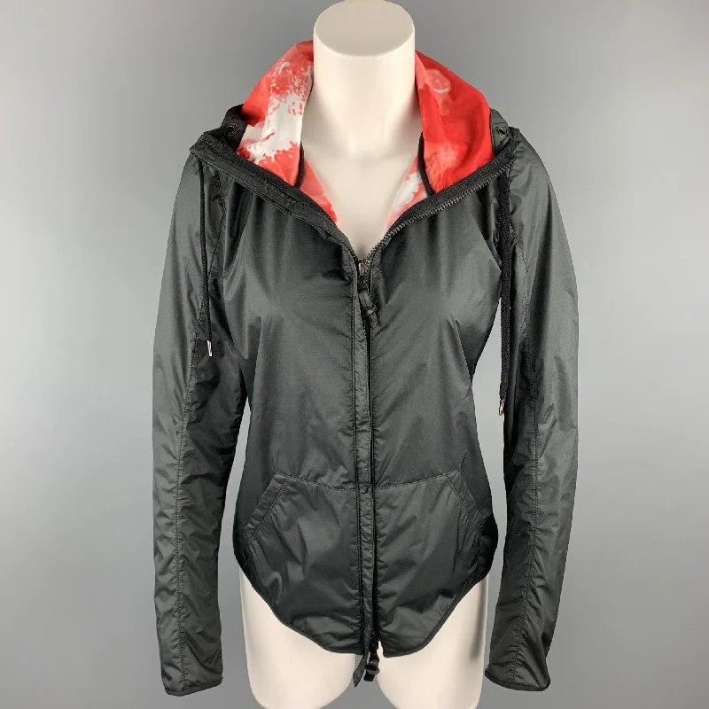 KRU Size 4 Black & Red Polyamide Reversible Hooded Jacket Fitted Jacket Loose Jacket Oversized Jacket