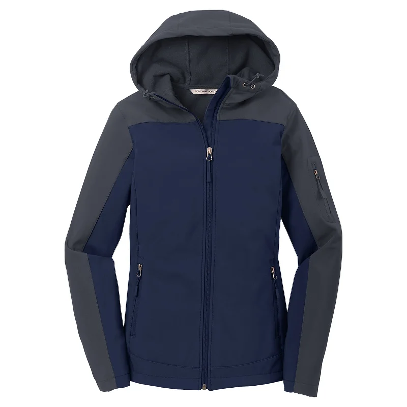 Port Authority Women's Dress Blue Navy/Battleship Grey Hooded Core Soft Shell Jacket A-Line Jacket Boat Neck Shawl Collar