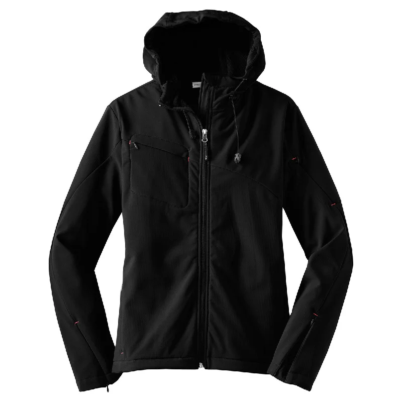 Port Authority Women's Black/Engine Red Textured Hooded Soft Shell Jacket Front Pockets Side Pockets Patch Pockets