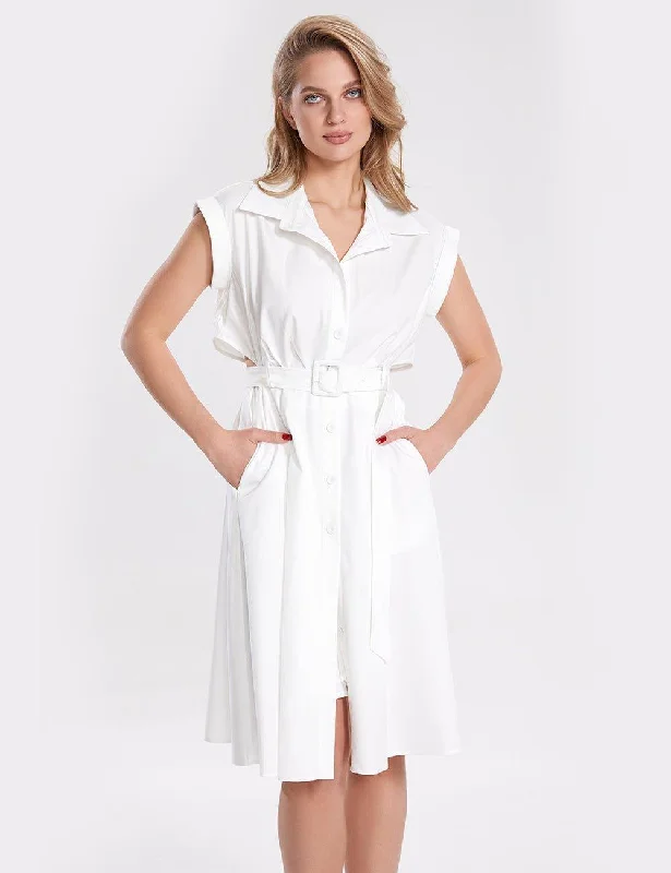 Ladies Chic Waist Cut Out White Mini Dress with Belt SKD347 Stylish Short Sleeve Mini Dress