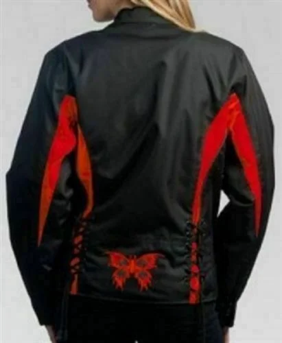 Ladies Motorcycle Jacket with Red Embroidery on Butterfly on back Belted Jacket Elasticated Jacket Padded Jacket Ladies Motorcycle Jacket with Red Embroidery on Butterfly on back Belted Jacket Elasticated Jacket Padded Jacket