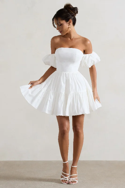 Lani | White Poplin Bardot Tiered Mini Dress With Puff Sleeves Cozy Cotton Mini Dress