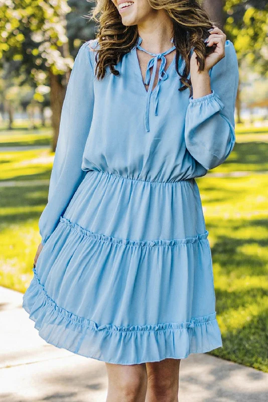 Light Blue V Neck Long Sleeve Ruffle Tiered Mini Dress Cozy T-Shirt Mini Dress