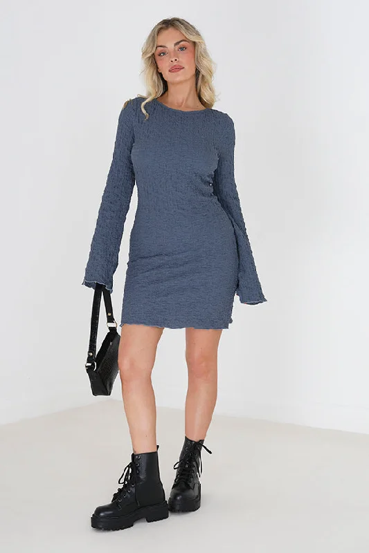 LONG SLEEVE BLUE TEXTURED JERSEY MINI DRESS WITH SCOOP BACK Trendy Tie-Dye Mini Dress