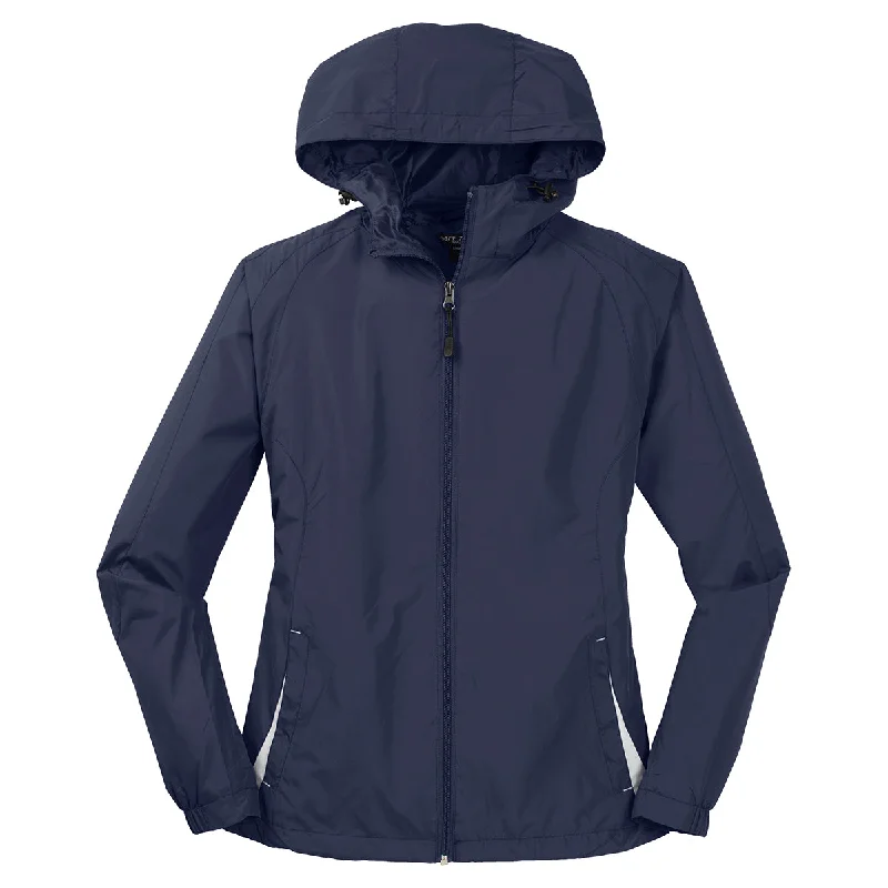 Sport-Tek Women's True Navy/White Colorblock Hooded Raglan Jacket Anorak Shell Jacket Lightweight Jacket