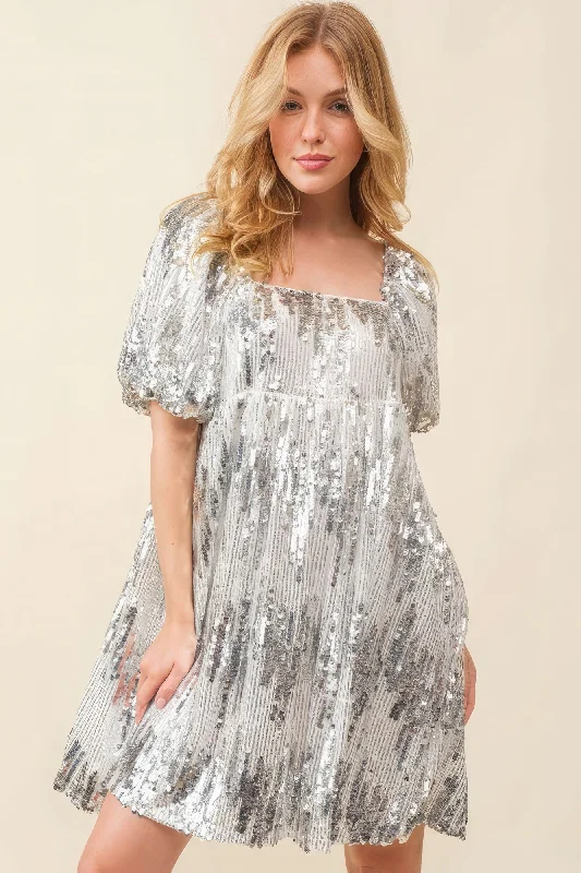 Sequin Babydoll Mini Dress Comfortable Fit-and-Flare Mini Dress