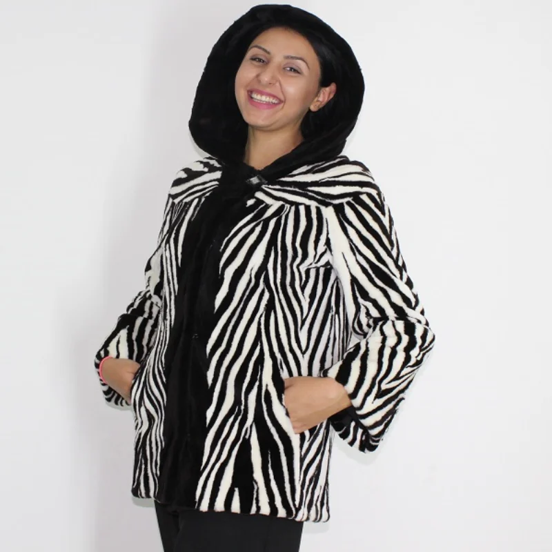 MI Black and white shaved mink pieces jacket with hood Rayon Jacket Velvet Jacket Corduroy Jacket