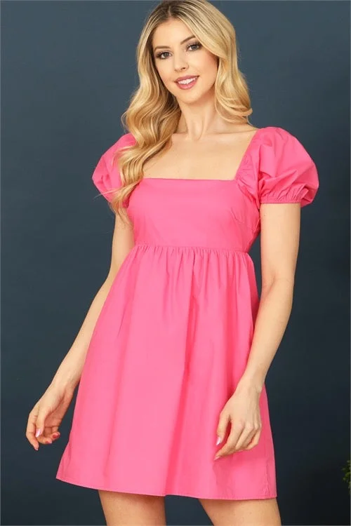 Mini Buble Sleeve Mini Dress - Hot Pink Trendy Crossover Mini Dress