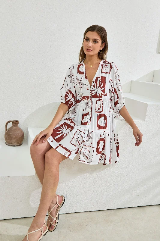 Mira Brown Sea Shells Tropical Button Down Mini Dress Stylish Sweetheart Neck Mini Dress