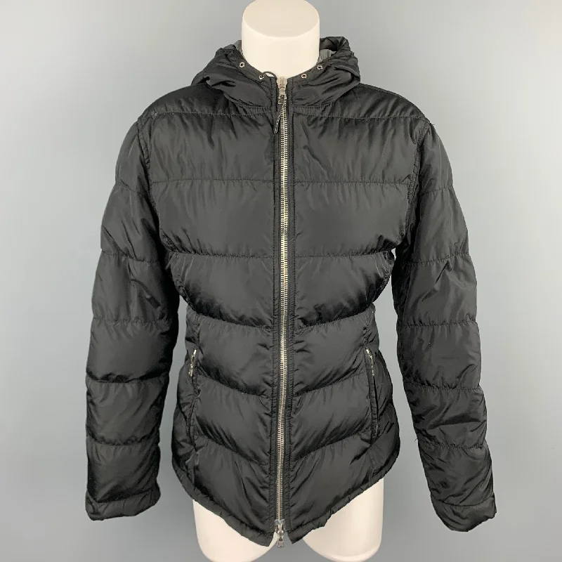 PRADA Size 6 Black Quilted Nylon Hooded Jacket Belted Jacket Elasticated Jacket Padded Jacket