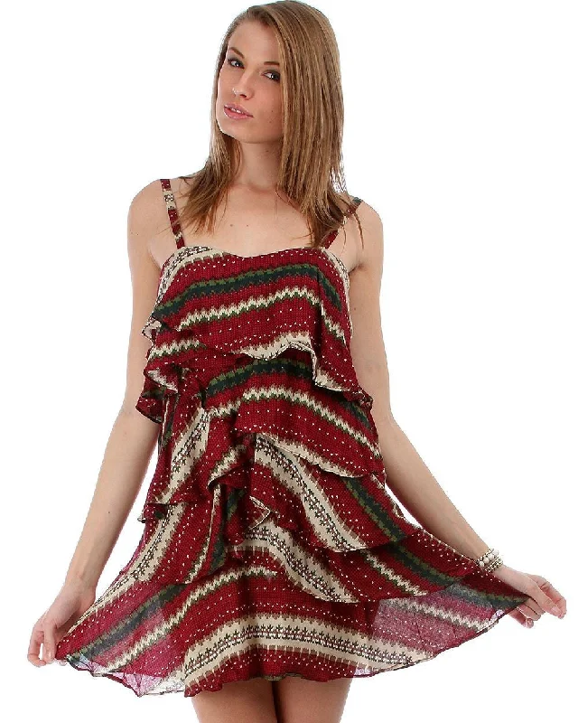 Printed Tier Layered Spaghetti Strap Tank Mini Dress Wine Red Green Classic Casual Mini Dress