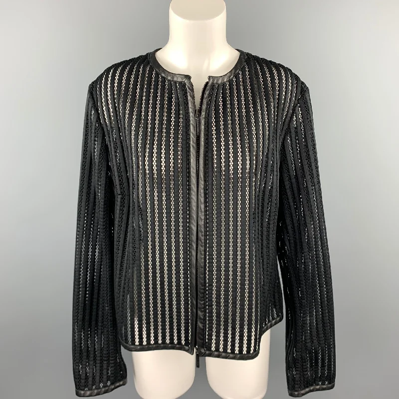 RALPH LAUREN Black Label Size 4 Black Mesh Polyester Leather Trim Jacket Lace Jacket Ribbed Jacket Sequined Jacket