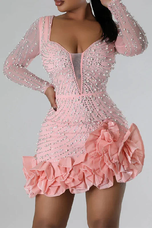 Rhinestone & Beaded Decor Elegant Ruffled Mini Dress Stylish Puff Sleeve Mini Dress