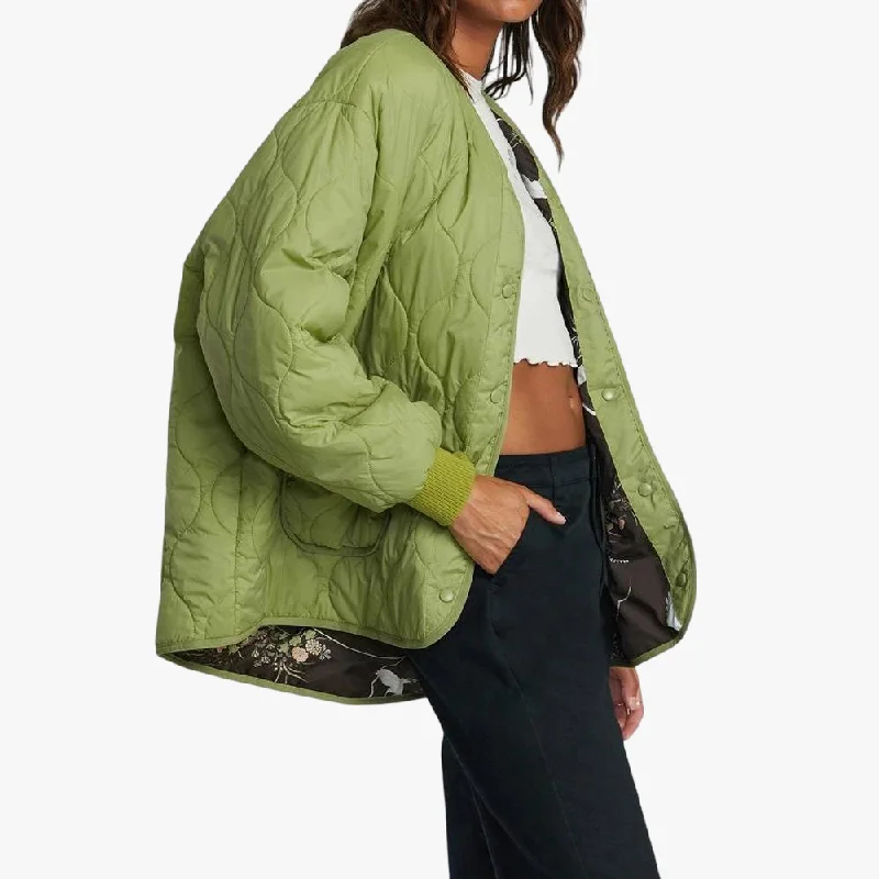 Rvca Womens Dire Reversible Jacket Fern Snapped Jacket Toggled Jacket Drawstring Jacket