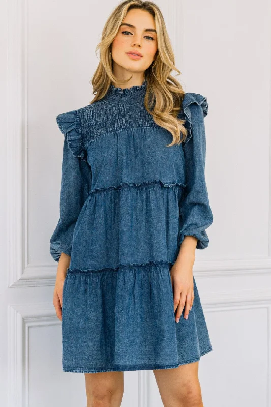 "Speak Your Truth" Plus Tiered Ruffle Denim Mini Dress Cozy Ruched Mini Dress