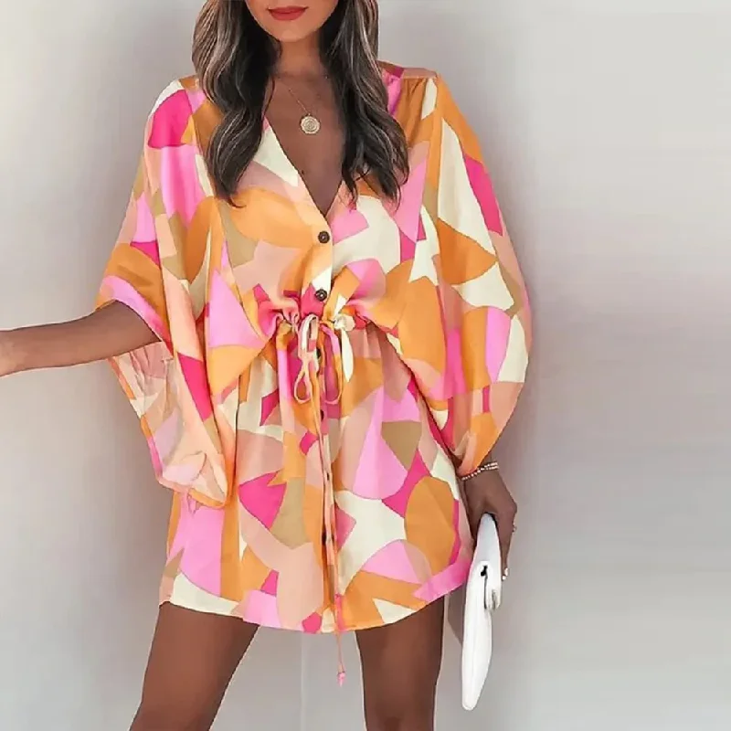 Stunning Print 3/4 Sleeve Mini Dress Chic Puff Sleeve Mini Dress