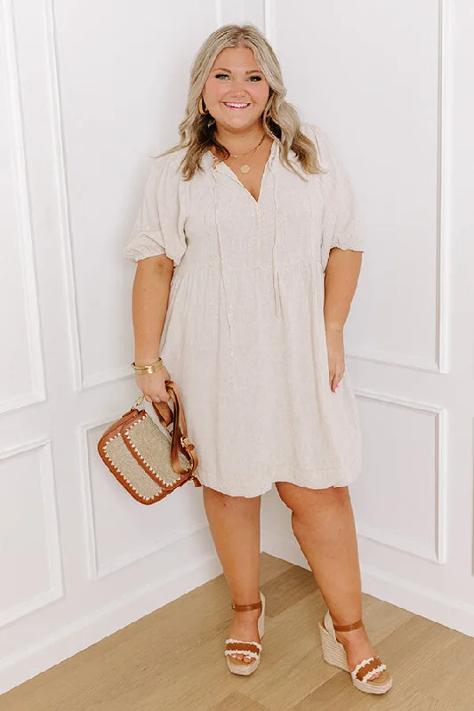 Summer Party Linen-Blend Mini Dress in Oatmeal Curves Fashionable Denim Mini Dress