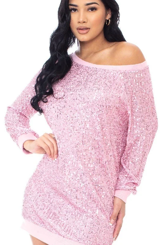 Sequin Wide Neck Boxy Mini Dress Stylish Sweetheart Mini Dress