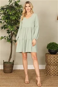 Tiered Long Sleeve Mini Dress - Sage Trendy Tulle Mini Dress