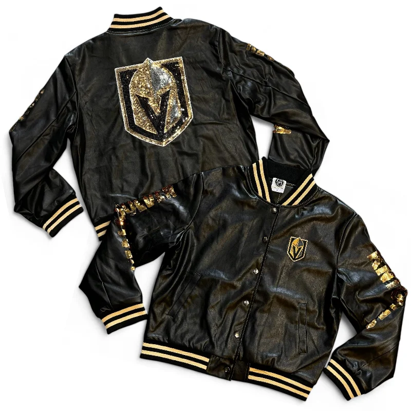 Vegas Golden Knights Women's Vegan Leather Sequin Button Up Jacket - Black Bomber Jacket Anorak Windbreaker