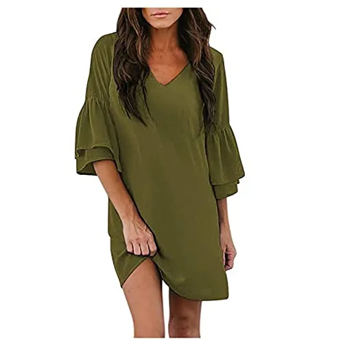 Women Ruffle Sleeve V Neck Pleated Babydoll Solid Color Tunic Loose Fit 3/4 Sleeve Sundress Party Mini Dresses | Original Brand Comfortable Wrap Mini Dress