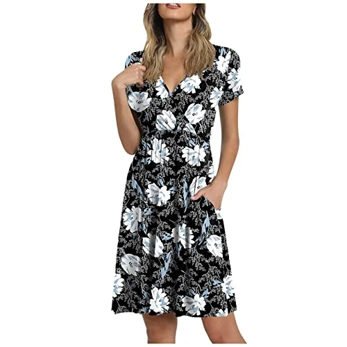 Women's Ladies Summer Casual Loose Comfortable Print V-Neck Short Sleeve Mini Dresses for Women Sundresses | Original Brand Trendy Off-Shoulder Dress Mini