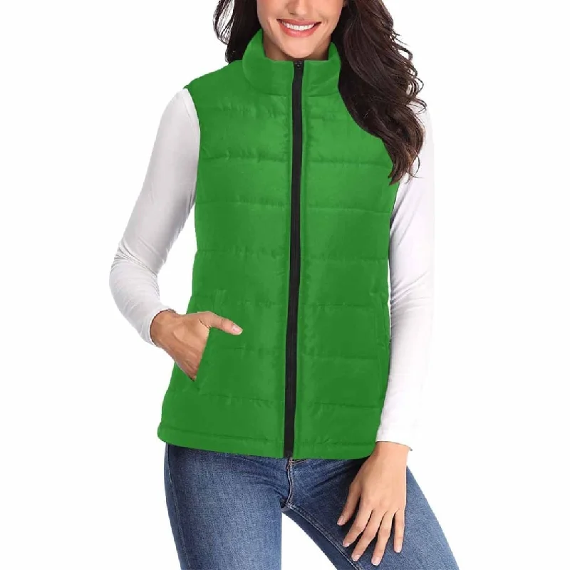 Womens Puffer Vest Jacket / Forest Green Welt Pockets Slit Pockets Flap Pockets