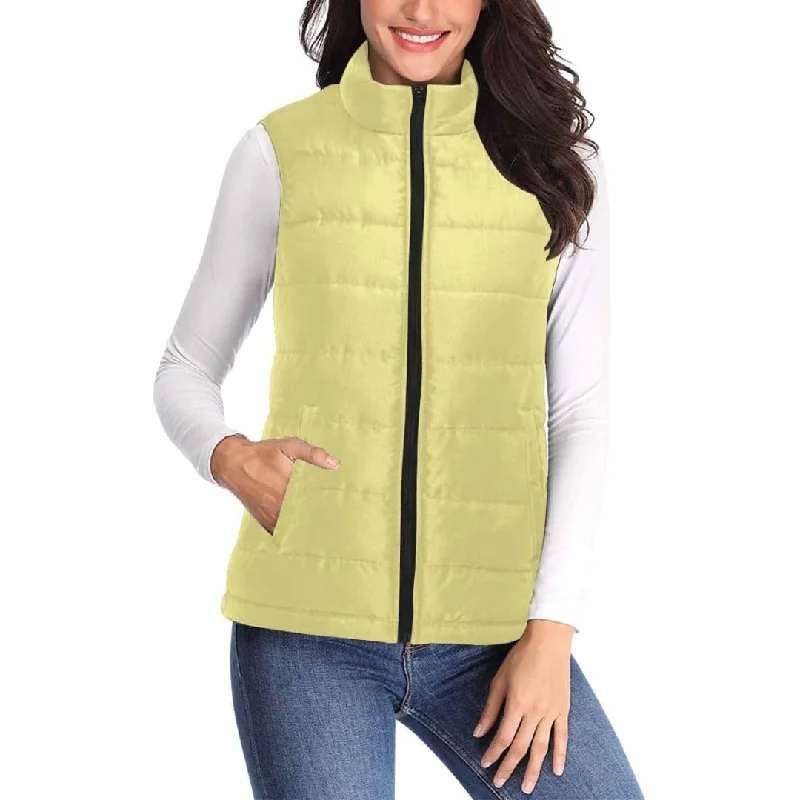 Womens Puffer Vest Jacket / Khaki Yellow Notch Collar Peter Pan Collar Cowl Neck