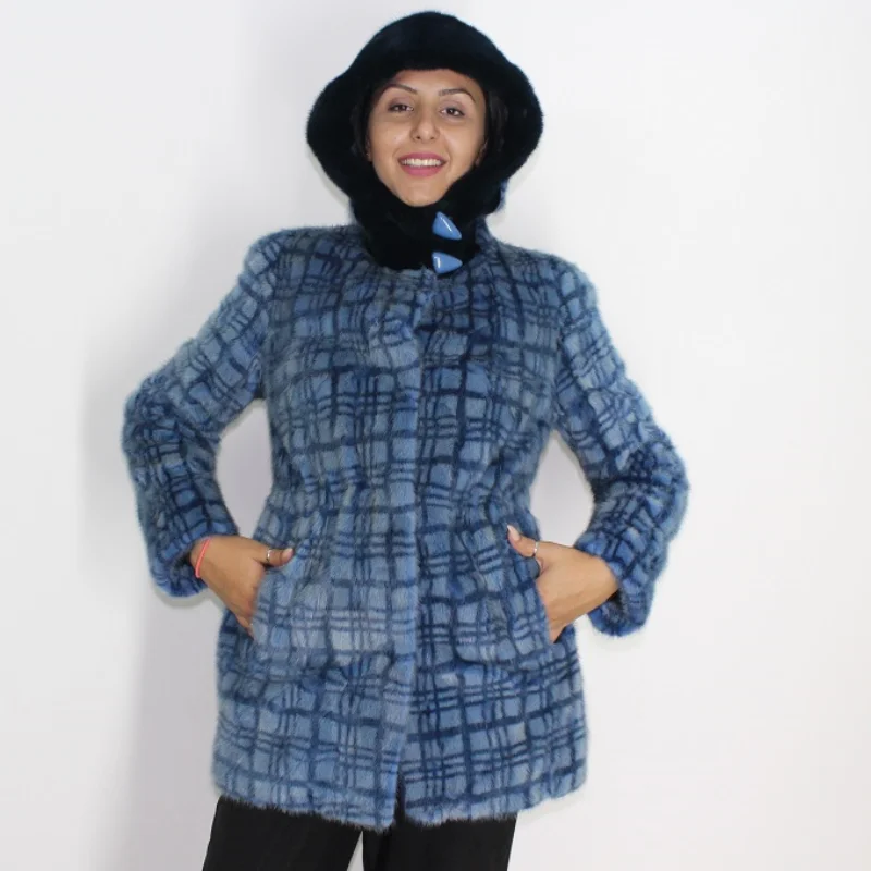 YIOTA Blue colored plaid mink big pieces jacket with hood Rayon Fabric Velvet Fabric Corduroy Fabric