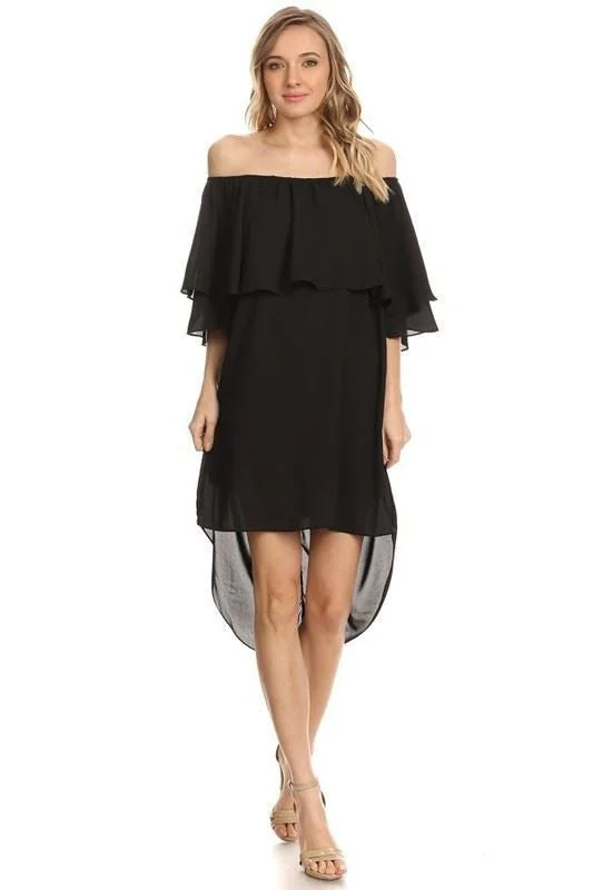 Off Shoulder Hi Low Short Sleeve Resort Mini Dress Black Comfortable One-Shoulder Mini Dress