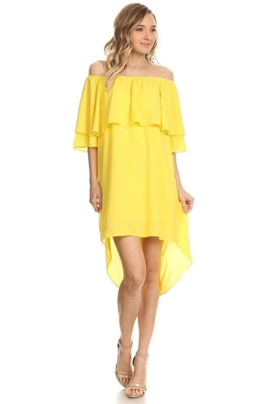 Off Shoulder Hi Low Short Sleeve Resort Mini Dress Yellow Chic Mini Dress with V-Neck