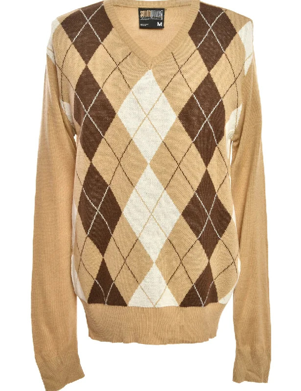 Southpole Y2K Argyle Brown Jumper - M Mesh Fabric Canvas Fabric Denim Fabric