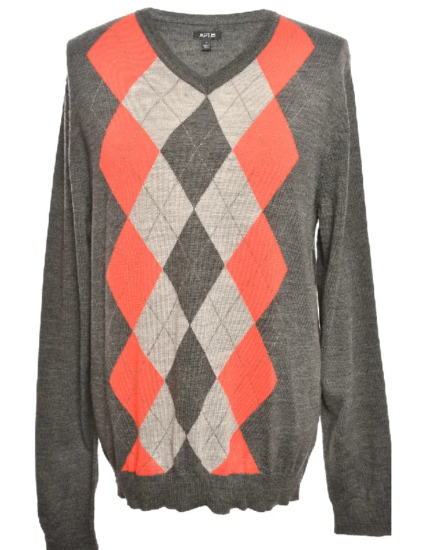 Argyle Grey Jumper - L Cashmere Blend Cotton Blend Poly Blend