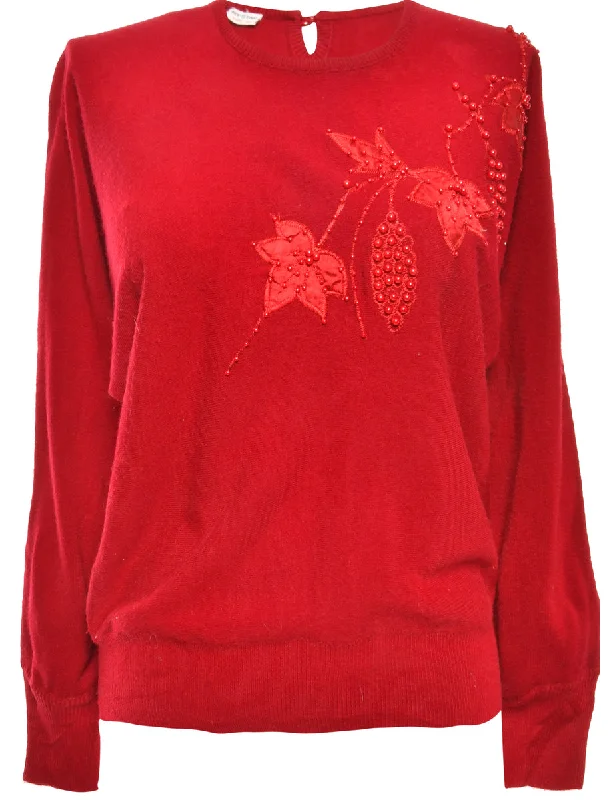 Embellished Red 1980s Jumper - L Transparent Opaque Sheer