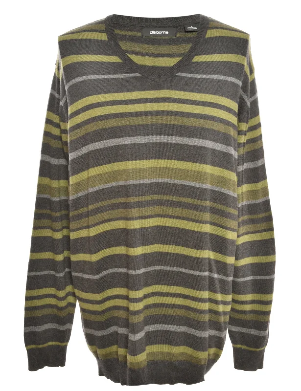 Green Liz Claiborne Striped Jumper - L High Neck Crew Neck V-Neck