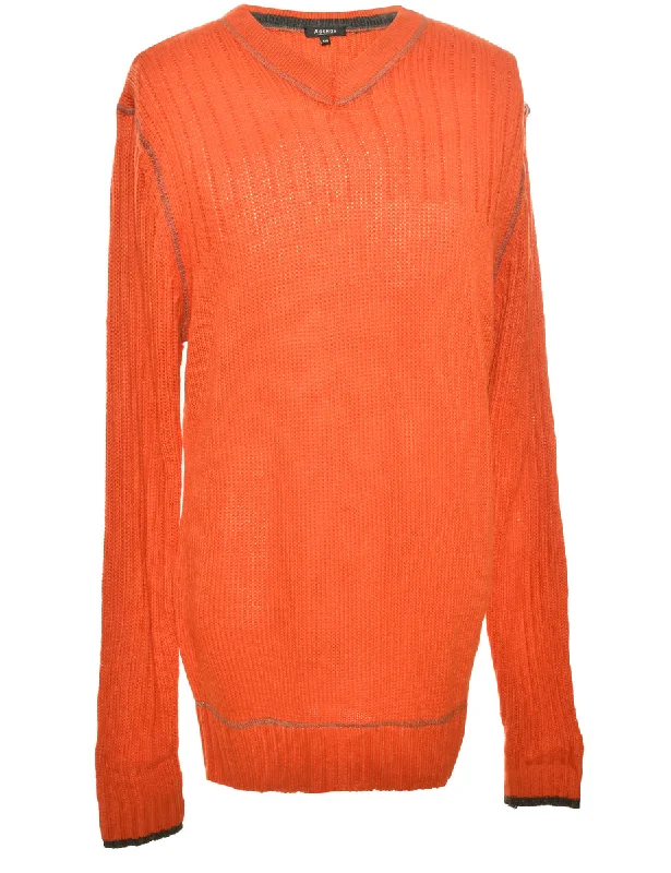 Hand Knitted Orange Jumper - M Graphic Sweater Embroidered Appliqued