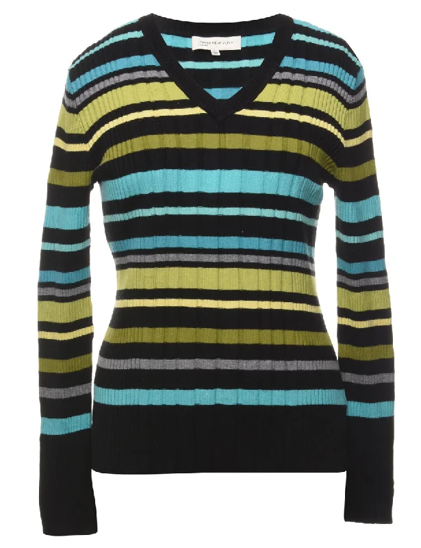 Jones New York Striped Jumper - L Embroidered Appliqued Beaded